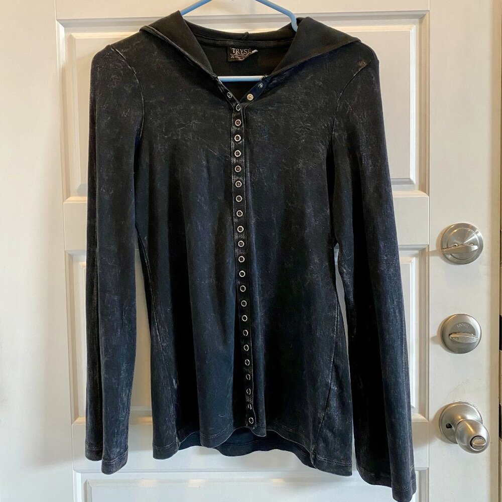 Tryst Black long sleeve top with snap closure jacket hood Small S